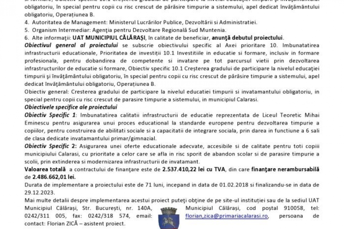 Primăria Călărași | „Modernizare și extindere Corp B, Liceul Teoretic Mihai Eminescu din municipiul Călărași, județul Călărași”