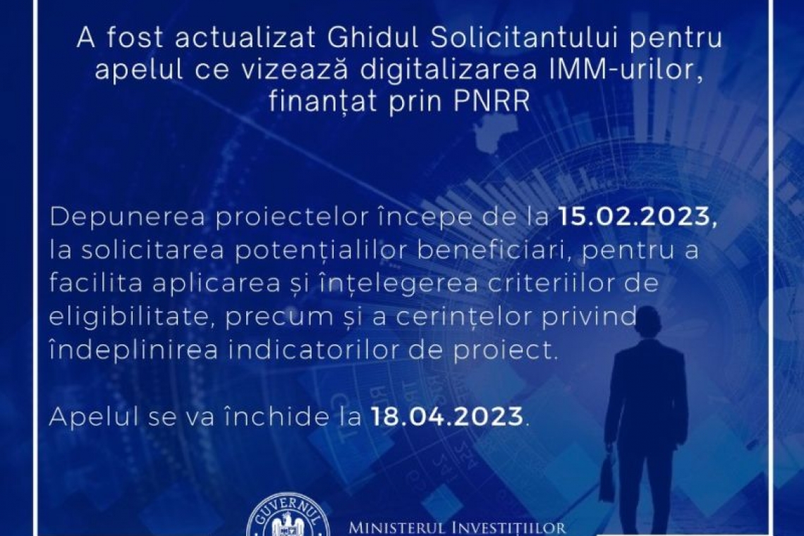PNRR: Proiectele pentru contractarea de granturi de până 100.000 euro pentru digitalizarea IMM-urilor pot fi depuse în perioada 15 februarie – 18 aprilie