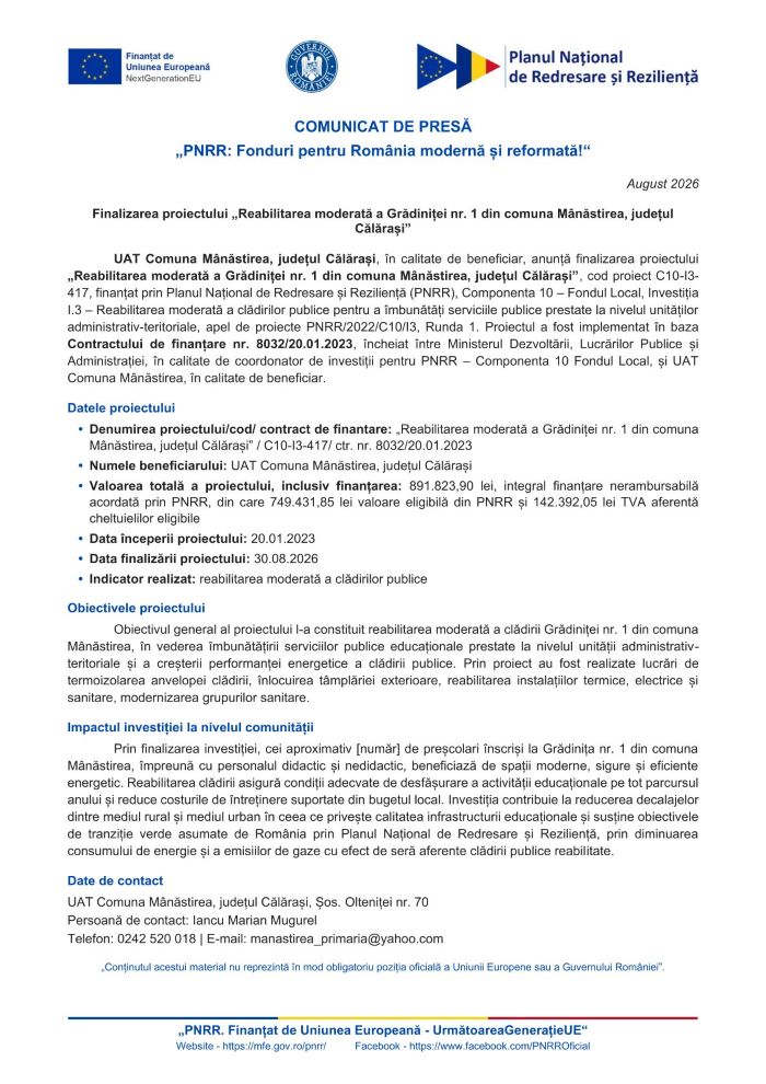 Manastirea Comunicat presa finalizare Gradinita 1